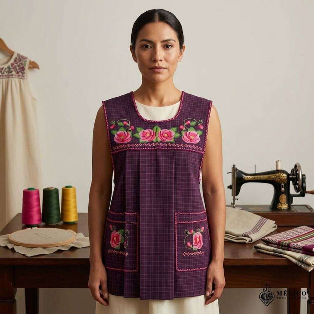 Traditional Mexican Cross-Stitch Embroidered Apron – Deluxe Artisan Smock Style